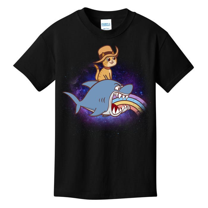 Cat Riding Shark Rainbow Bite Kids T-Shirt