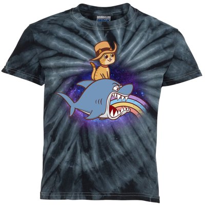 Cat Riding Shark Rainbow Bite Kids Tie-Dye T-Shirt