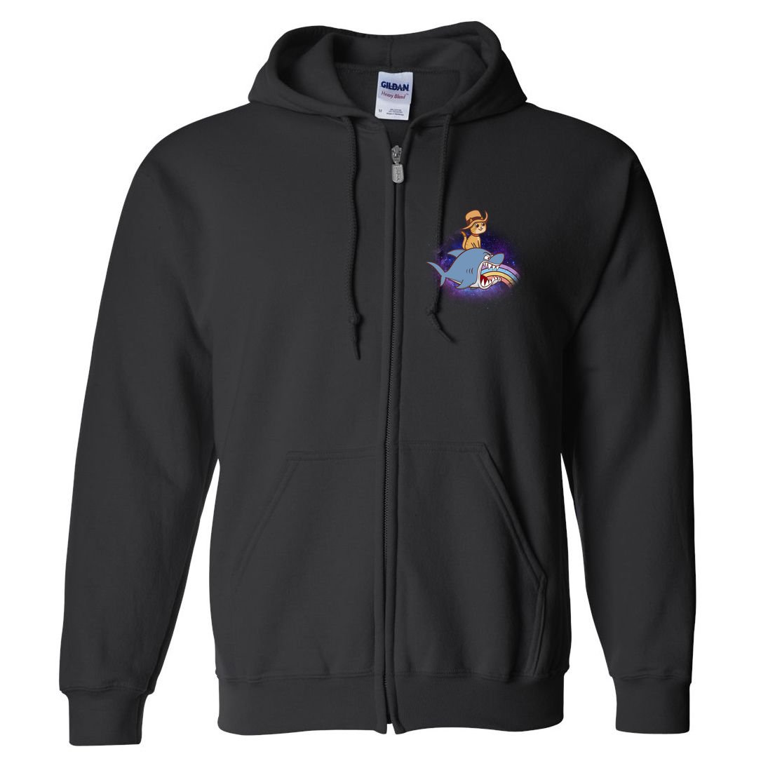 Cat Riding Shark Rainbow Bite Full Zip Hoodie