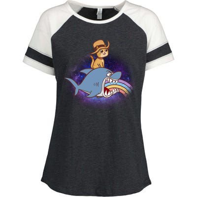 Cat Riding Shark Rainbow Bite Enza Ladies Jersey Colorblock Tee