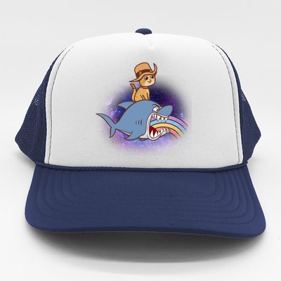 Cat Riding Shark Rainbow Bite Trucker Hat