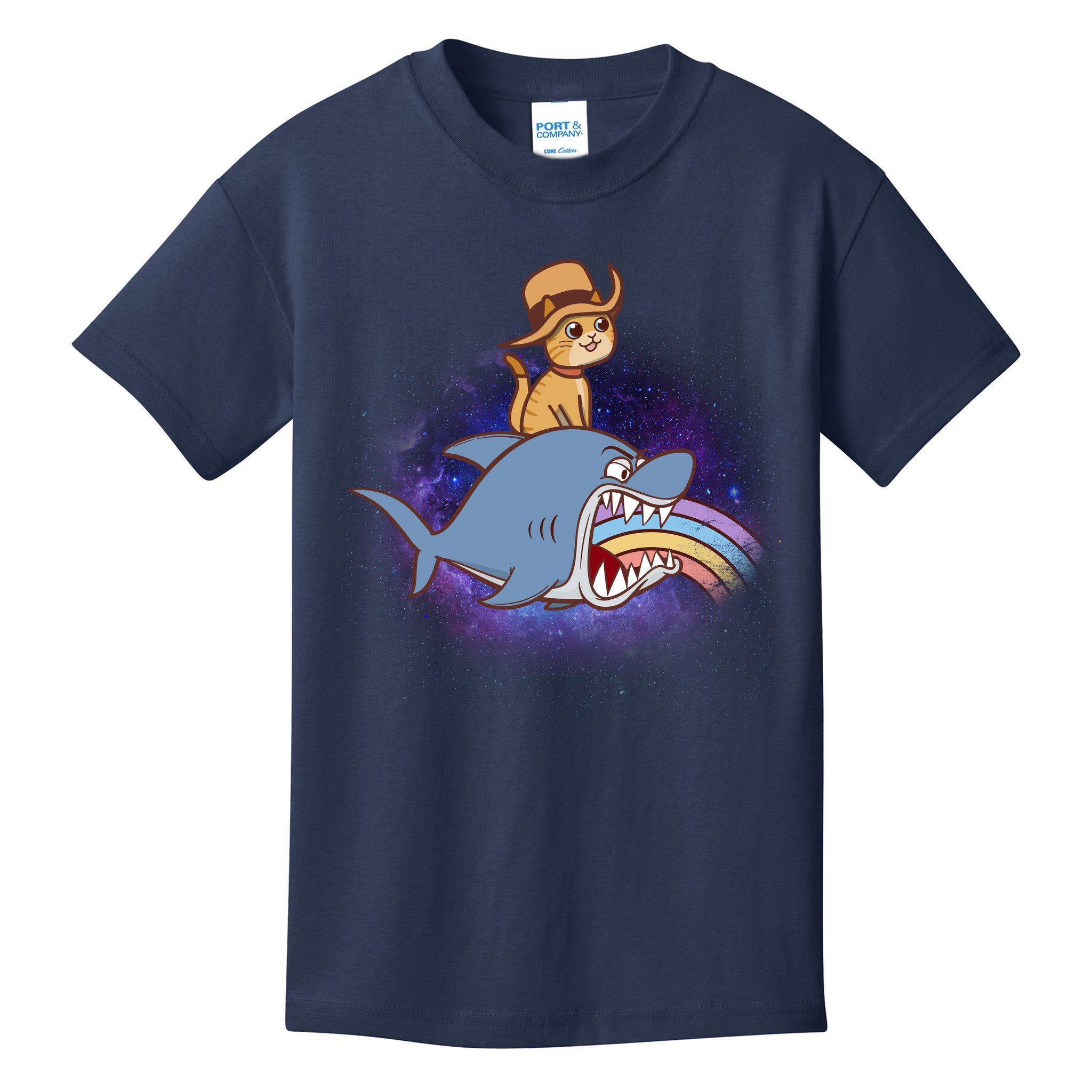 Cat Riding Shark Rainbow Bite Kids T Shirt TeeShirtPalace