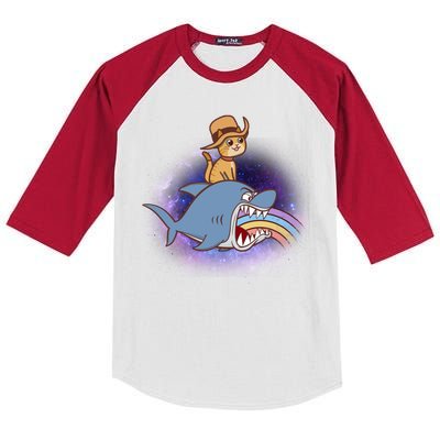 Cat Riding Shark Rainbow Bite Kids Colorblock Raglan Jersey