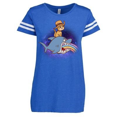 Cat Riding Shark Rainbow Bite Enza Ladies Jersey Football T-Shirt