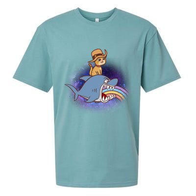 Cat Riding Shark Rainbow Bite Sueded Cloud Jersey T-Shirt