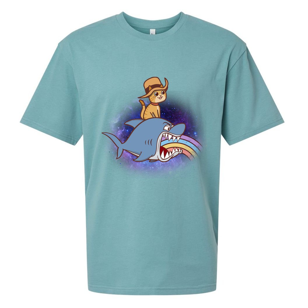 Cat Riding Shark Rainbow Bite Sueded Cloud Jersey T-Shirt