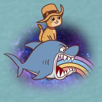 Cat Riding Shark Rainbow Bite Sueded Cloud Jersey T-Shirt