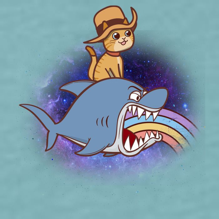Cat Riding Shark Rainbow Bite Sueded Cloud Jersey T-Shirt