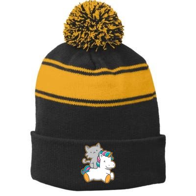 Cat Riding Unicorn Stripe Pom Pom Beanie