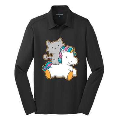 Cat Riding Unicorn Silk Touch Performance Long Sleeve Polo