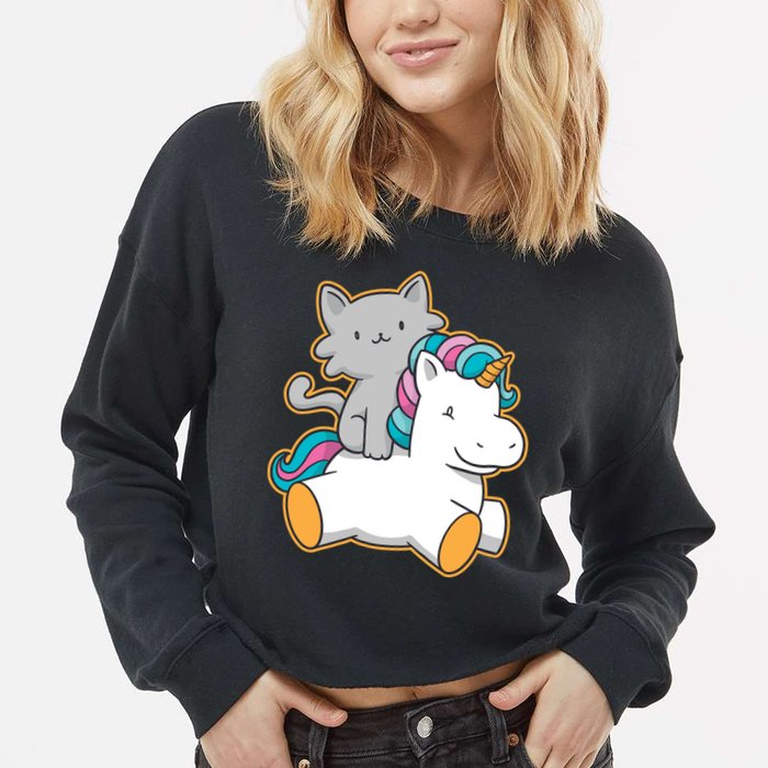 Cat Riding Unicorn Cropped Pullover Crew
