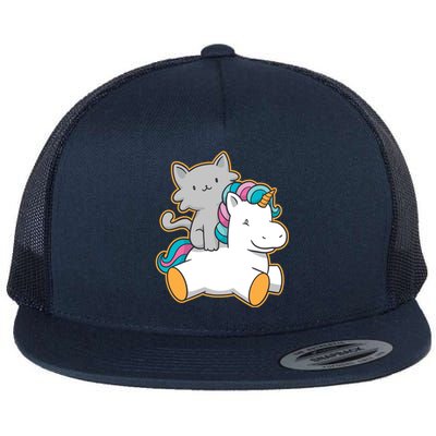 Cat Riding Unicorn Flat Bill Trucker Hat