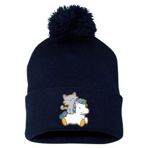 Cat Riding Unicorn Pom Pom 12in Knit Beanie