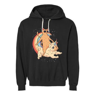 Cat Riding Unidog Funny Dog Unicorn Garment-Dyed Fleece Hoodie