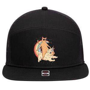 Cat Riding Unidog Funny Dog Unicorn 7 Panel Mesh Trucker Snapback Hat