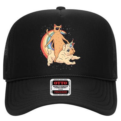 Cat Riding Unidog Funny Dog Unicorn High Crown Mesh Back Trucker Hat