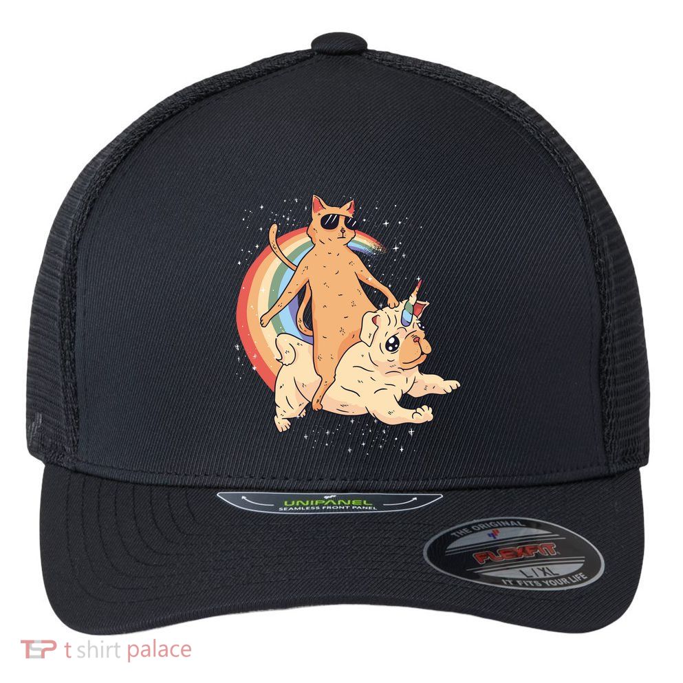 Cat Riding Unidog Funny Dog Unicorn Flexfit Unipanel Trucker Cap