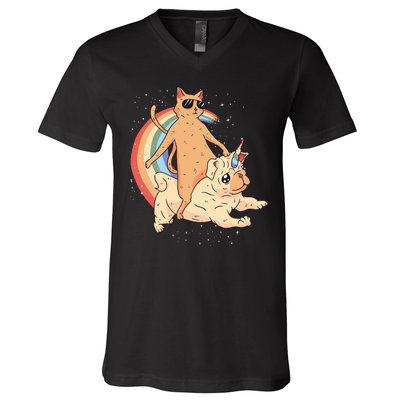 Cat Riding Unidog Funny Dog Unicorn V-Neck T-Shirt