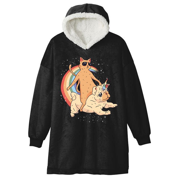 Cat Riding Unidog Funny Dog Unicorn Hooded Wearable Blanket