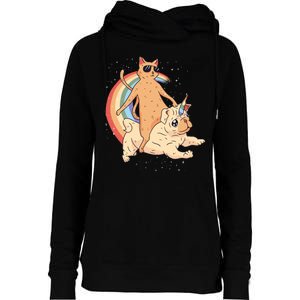 Cat Riding Unidog Funny Dog Unicorn Womens Funnel Neck Pullover Hood