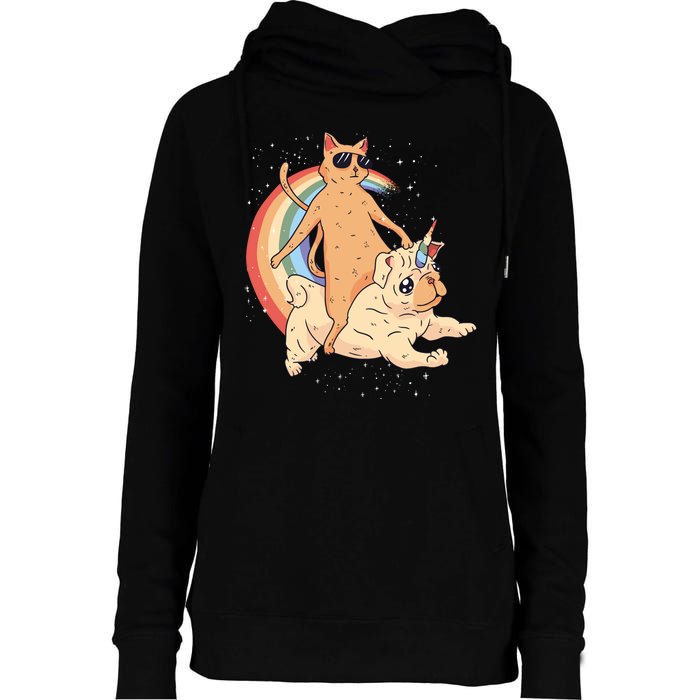 Cat Riding Unidog Funny Dog Unicorn Womens Funnel Neck Pullover Hood