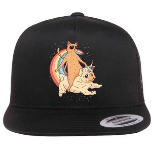 Cat Riding Unidog Funny Dog Unicorn Flat Bill Trucker Hat