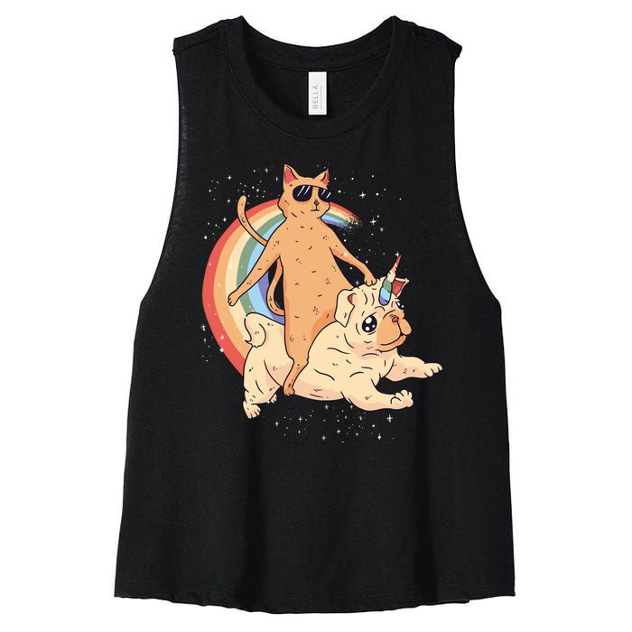 Cat Riding Unidog Funny Dog Unicorn Women's Racerback Cropped Tank