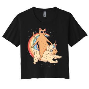 Cat Riding Unidog Funny Dog Unicorn Women's Crop Top Tee