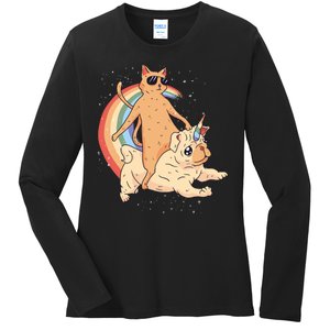 Cat Riding Unidog Funny Dog Unicorn Ladies Long Sleeve Shirt