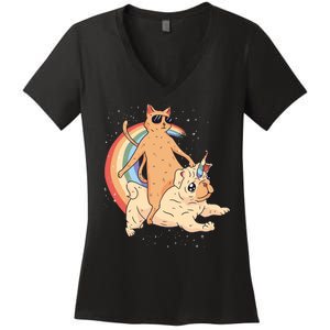 Cat Riding Unidog Funny Dog Unicorn Women's V-Neck T-Shirt