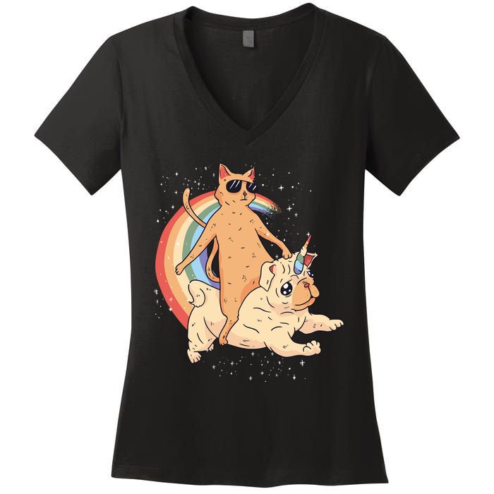 Cat Riding Unidog Funny Dog Unicorn Women's V-Neck T-Shirt