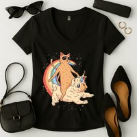 Cat Riding Unidog Funny Dog Unicorn Women's V-Neck T-Shirt