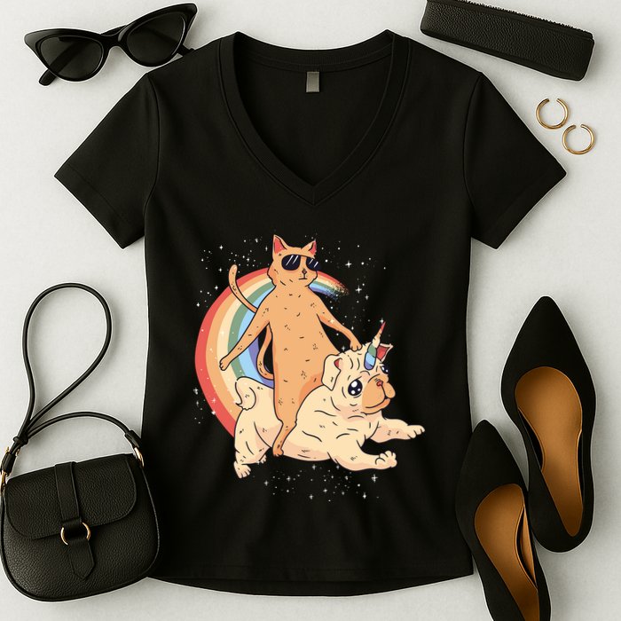 Cat Riding Unidog Funny Dog Unicorn Women's V-Neck T-Shirt