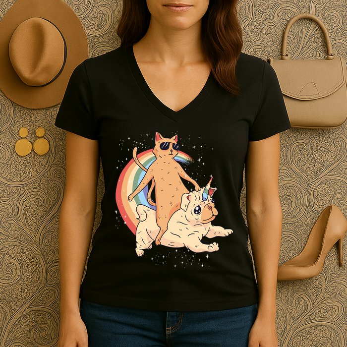 Cat Riding Unidog Funny Dog Unicorn Women's V-Neck T-Shirt