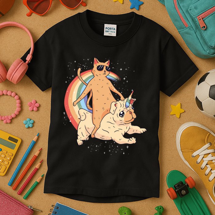 Cat Riding Unidog Funny Dog Unicorn Kids T-Shirt