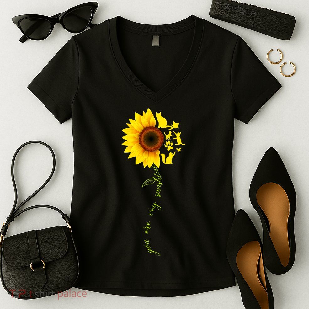 Cat Sunflower Sunshine Women's V-Neck T-Shirt