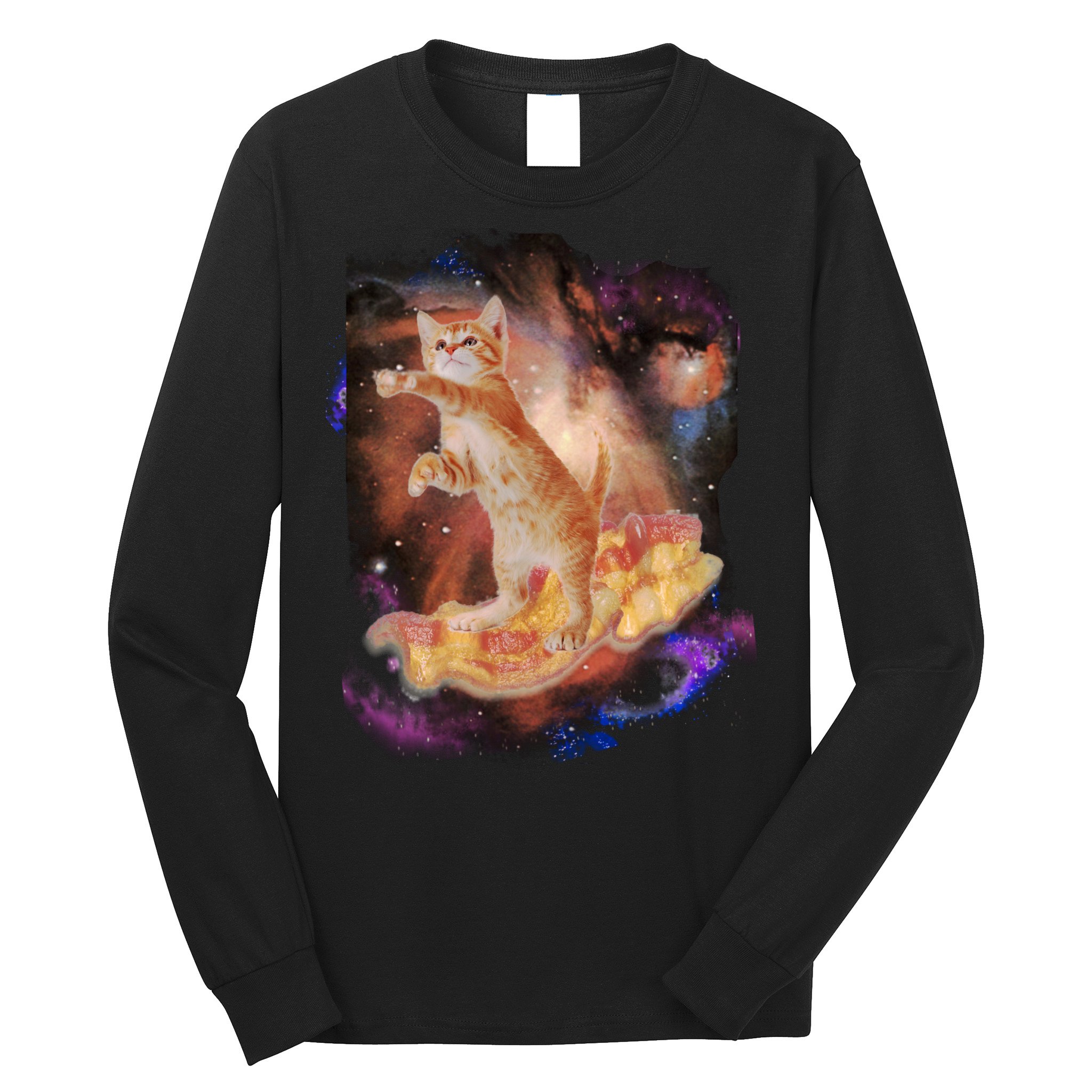 Cat Surfing Bacon In Space Long Sleeve Shirt