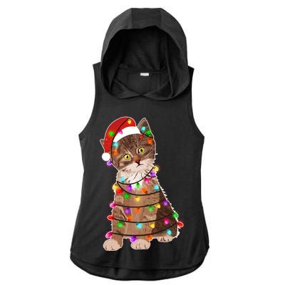 Cat Tangled in Christmas Lights Santa Kitten Ladies PosiCharge Tri-Blend Wicking Draft Hoodie Tank