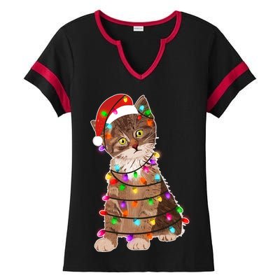 Cat Tangled in Christmas Lights Santa Kitten Ladies Halftime Notch Neck Tee