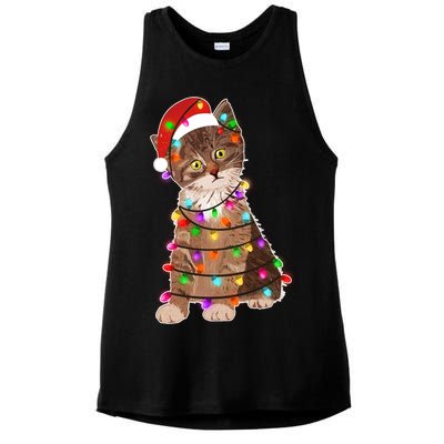 Cat Tangled in Christmas Lights Santa Kitten Ladies PosiCharge Tri-Blend Wicking Tank