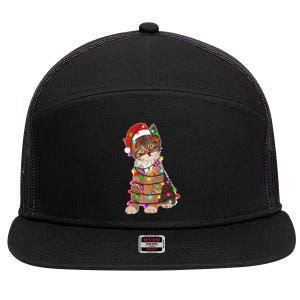 Cat Tangled in Christmas Lights Santa Kitten 7 Panel Mesh Trucker Snapback Hat