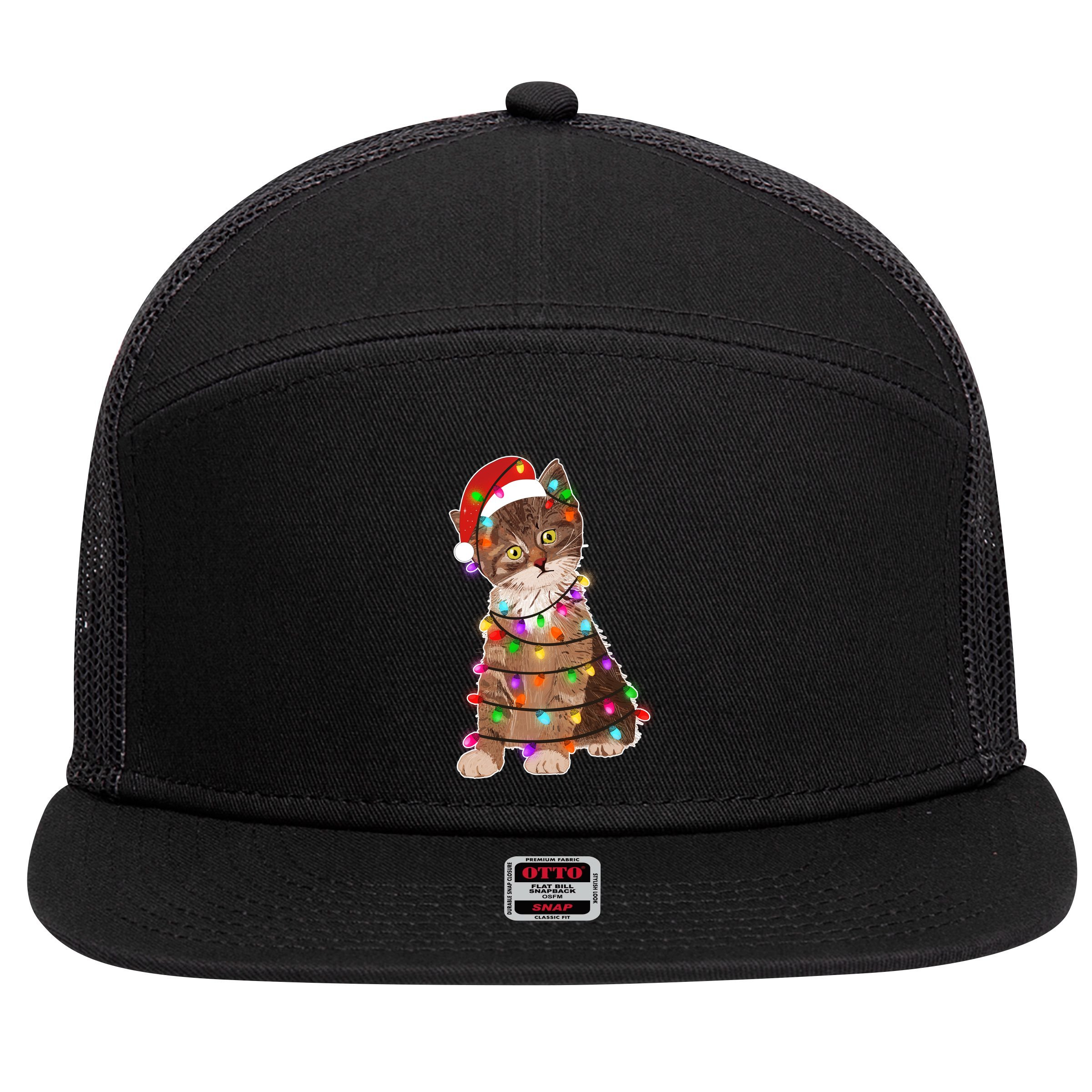 Cat Tangled in Christmas Lights Santa Kitten 7 Panel Mesh Trucker Snapback Hat