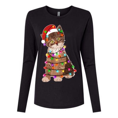 Cat Tangled in Christmas Lights Santa Kitten Womens Cotton Relaxed Long Sleeve T-Shirt