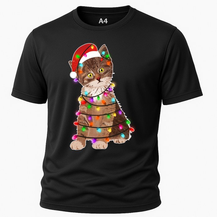 Cat Tangled in Christmas Lights Santa Kitten Cooling Performance Crew T-Shirt