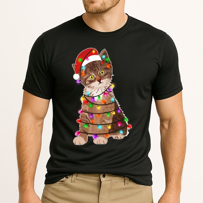 Cat Tangled in Christmas Lights Santa Kitten Cooling Performance Crew T-Shirt