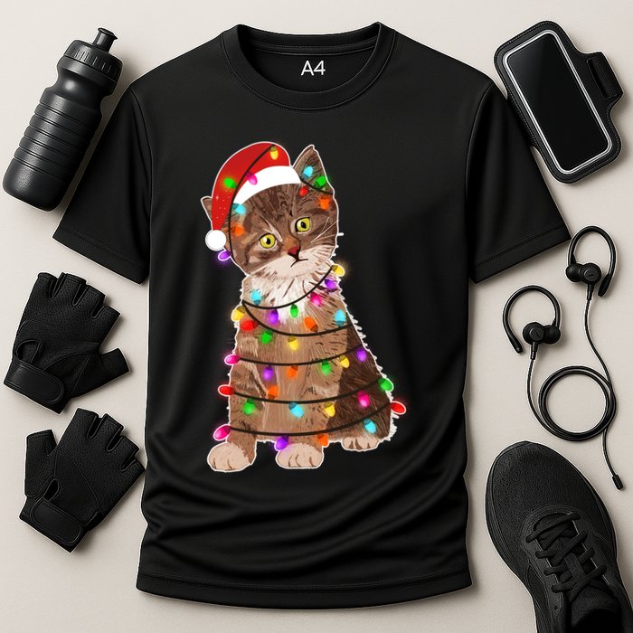 Cat Tangled in Christmas Lights Santa Kitten Cooling Performance Crew T-Shirt