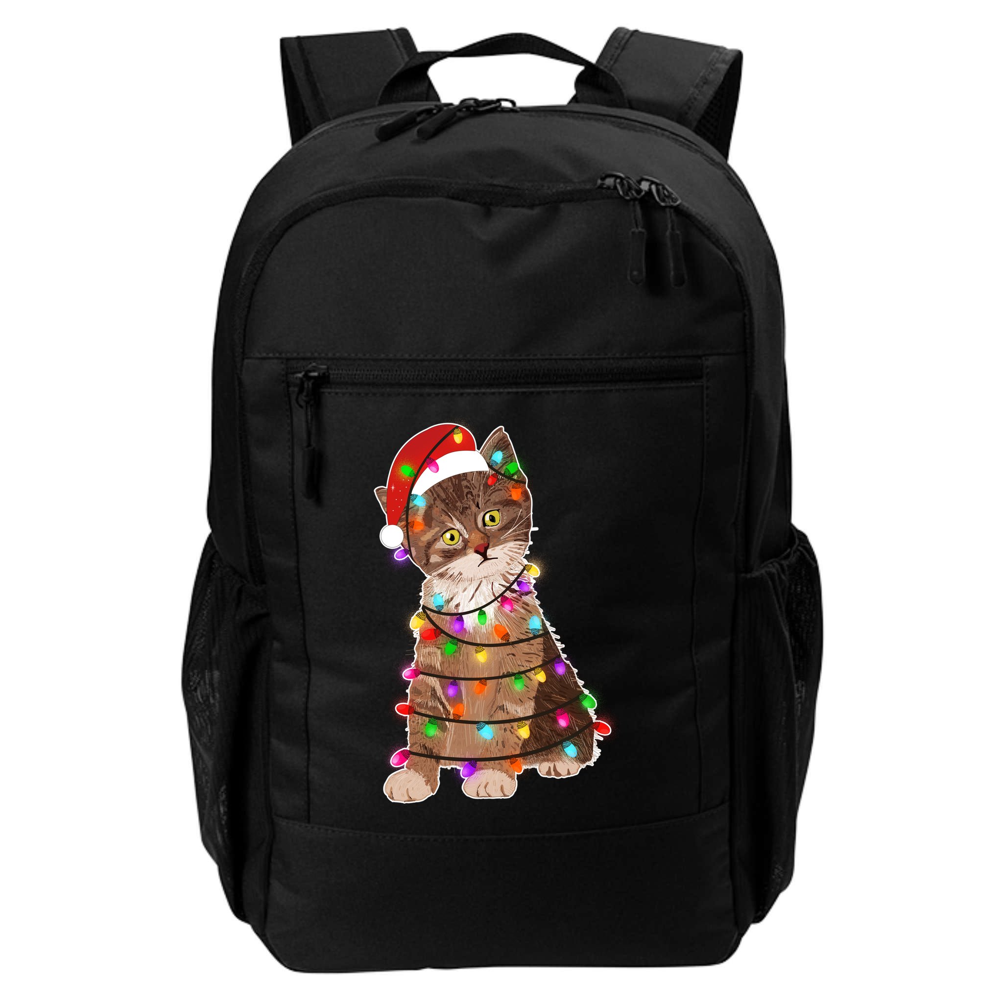 Cat Tangled in Christmas Lights Santa Kitten Backpack