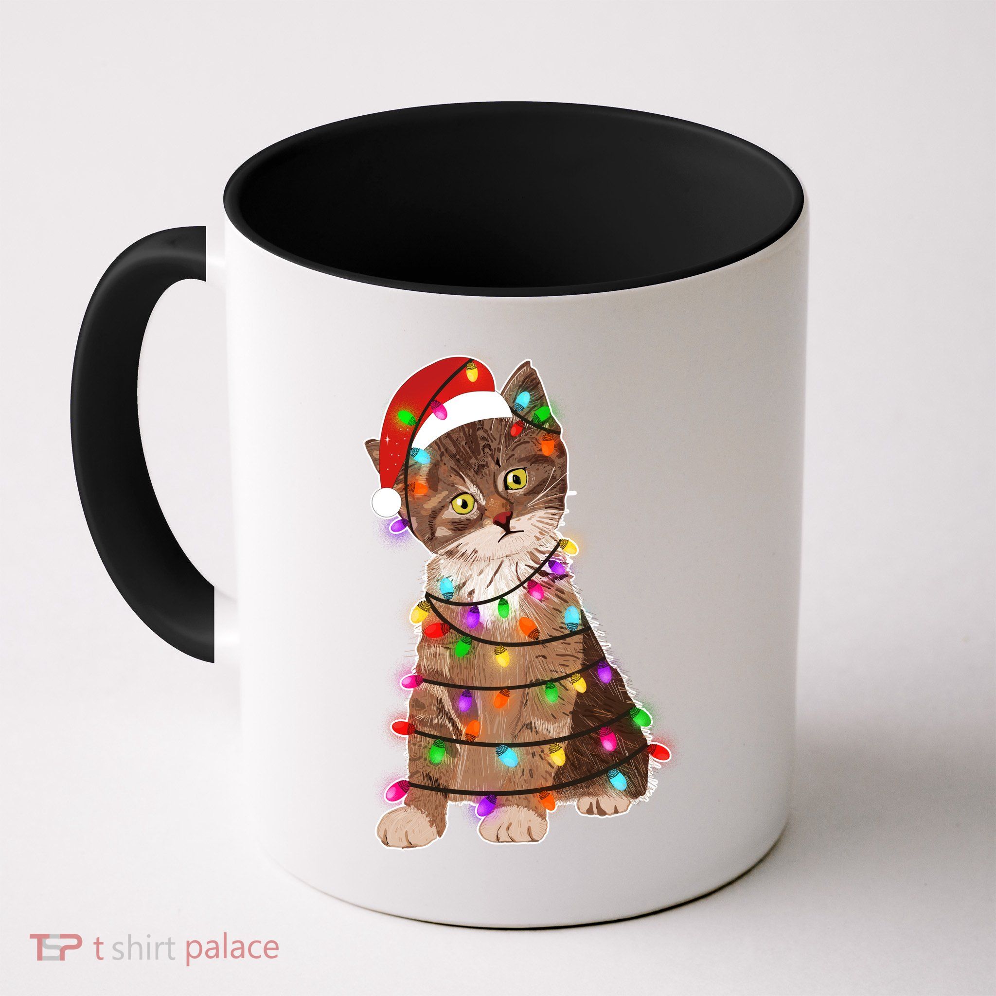 Cat Tangled in Christmas Lights Santa Kitten Mug