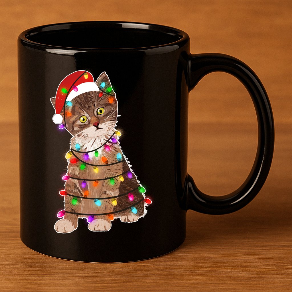 Cat Tangled in Christmas Lights Santa Kitten 11oz C Handle Ceramic Mug