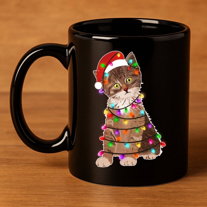 Cat Tangled in Christmas Lights Santa Kitten 11oz C Handle Ceramic Mug